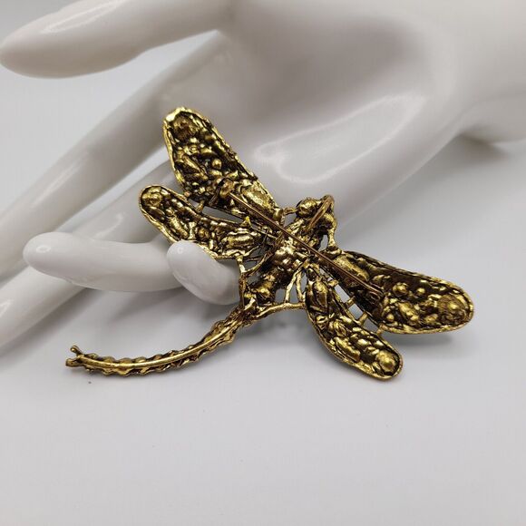 Dragonfly Large Brooch Pin Green Crystal Rhinestone Jewelry - Picture 5 of 13